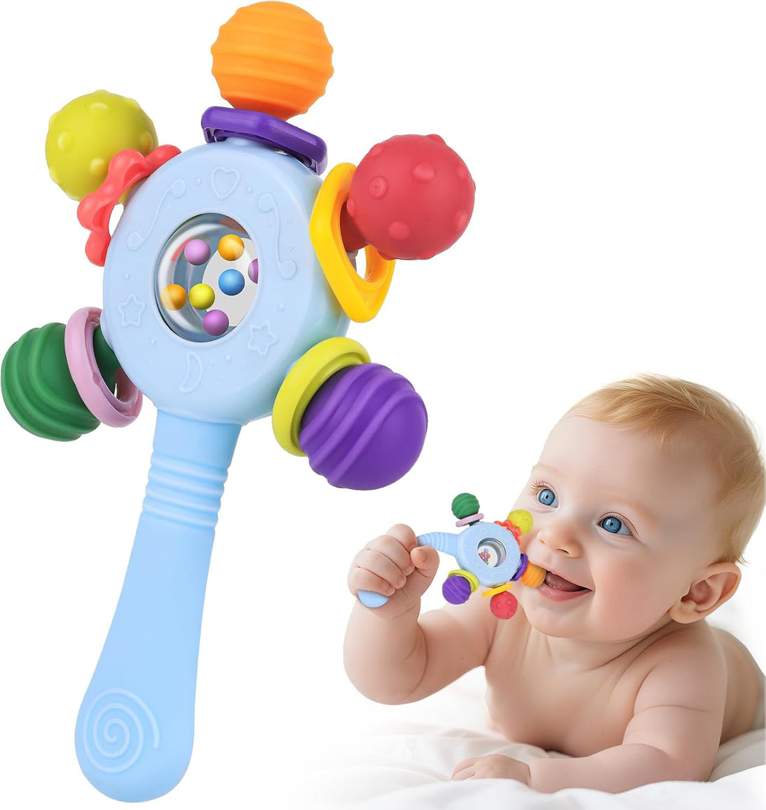 Baby Toys 0-6 Months,Sensory Toy for Baby 0-6 Months Montessori Rattle Early Educational Teething Toys for Babies Teether Chew Partner Gift for Newborn Boys and Grils (Blue)