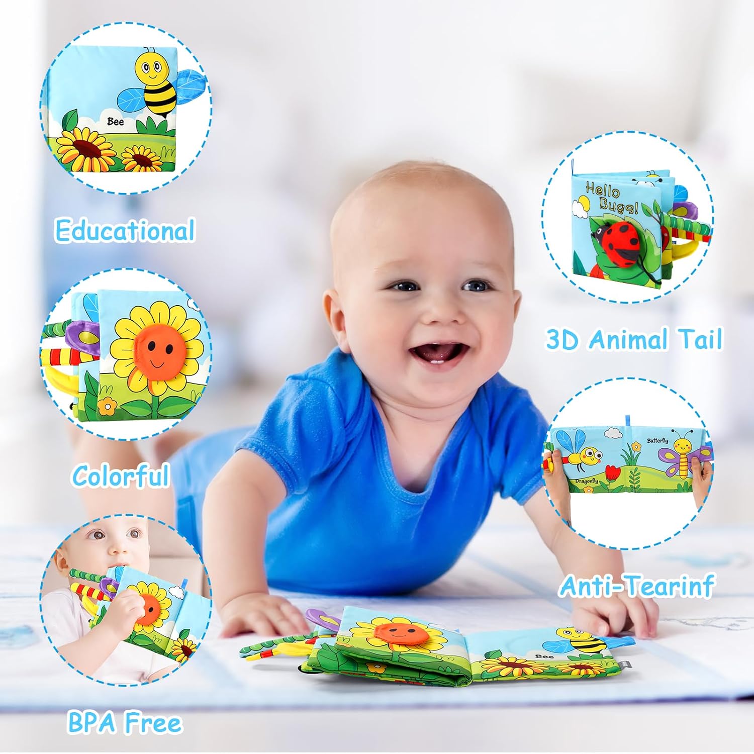 Vicloon 3D Animals Tails Soft Cloth Book | Crinkle, Sensory Touch & Feel Toy for Babies
