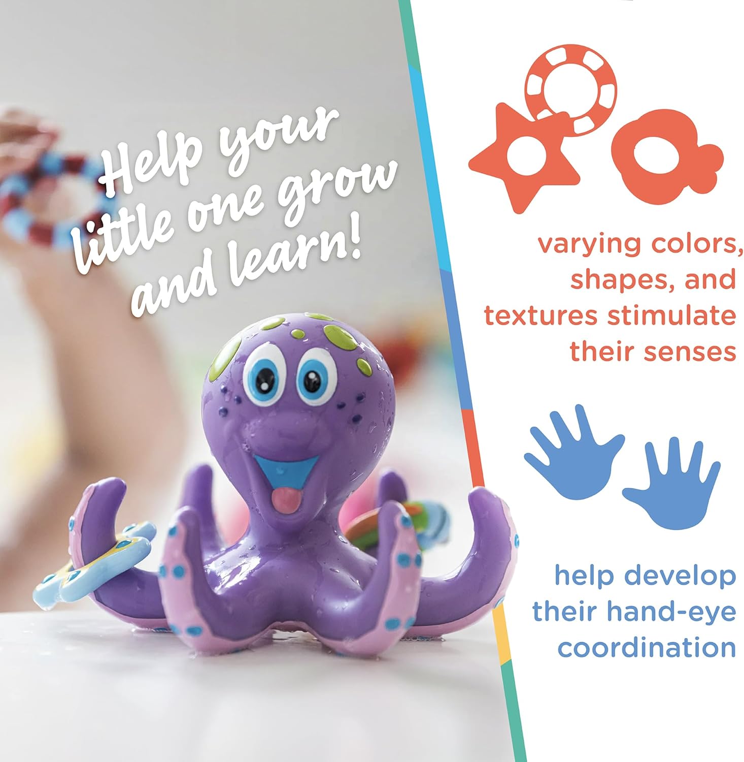 Octopus Floating Bath Toy - Sensory Development | 3 Rings Included | Colourful