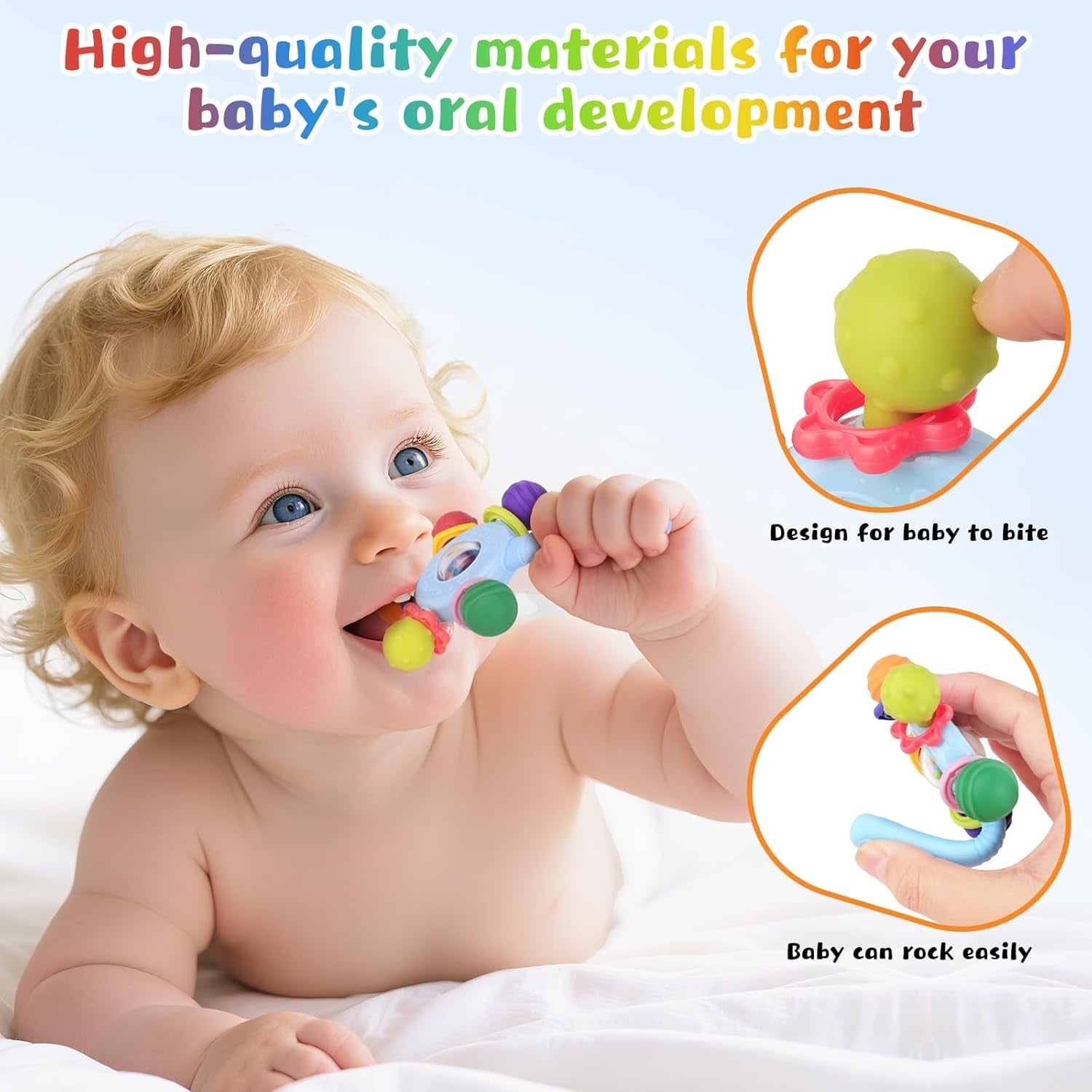 Baby Toys 0-6 Months,Sensory Toy for Baby 0-6 Months Montessori Rattle Early Educational Teething Toys for Babies Teether Chew Partner Gift for Newborn Boys and Grils (Blue)